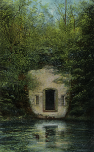 15170 Gezicht over de vijver op de achtergevel van het kapelletje in het park van het kasteel Drakestein (Slotlaan 9) ...